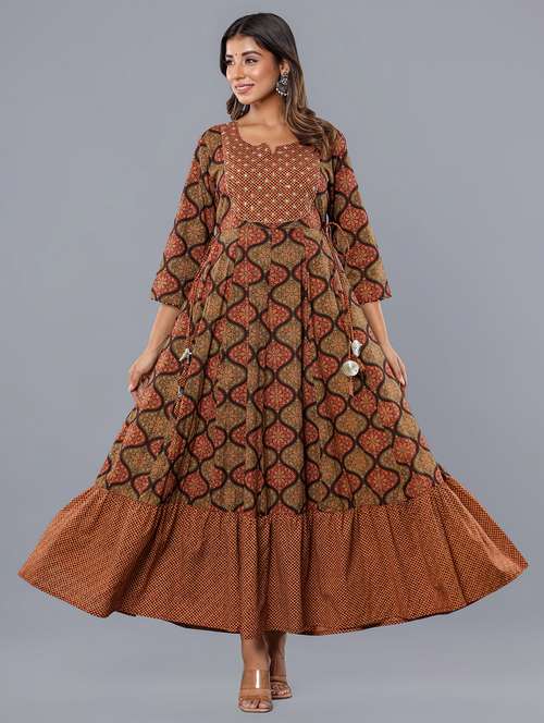 women printed three quarter sleeve tiered ethnic dress - 22071555 - Very Small Image - 1