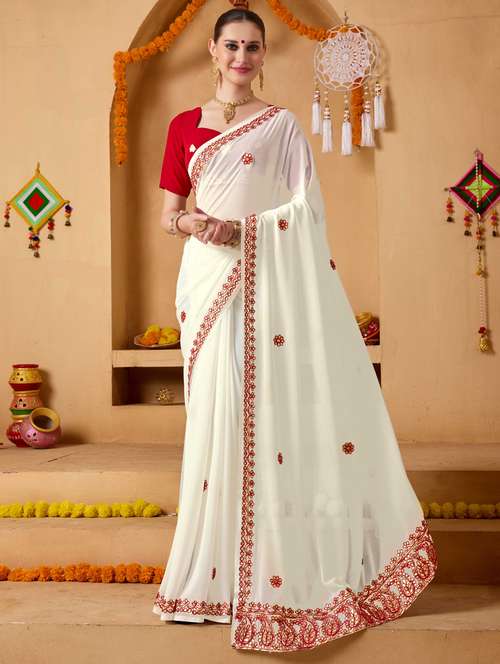 women solid with work embroidered saree with blouse - 22078206 - Very Small Image - 1