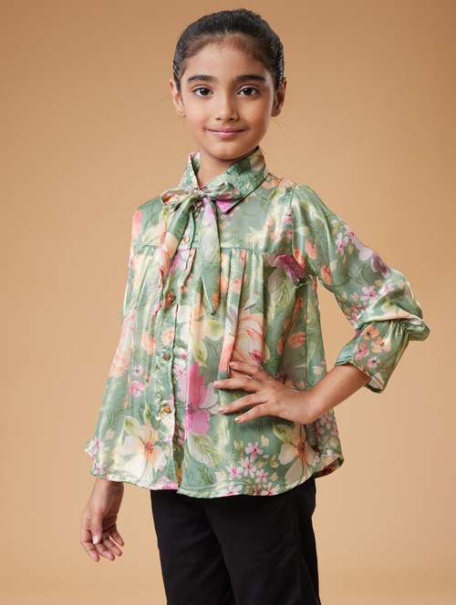 girls floral print tie-up neck long sleeve  top - 22078330 - Very Small Image - 1