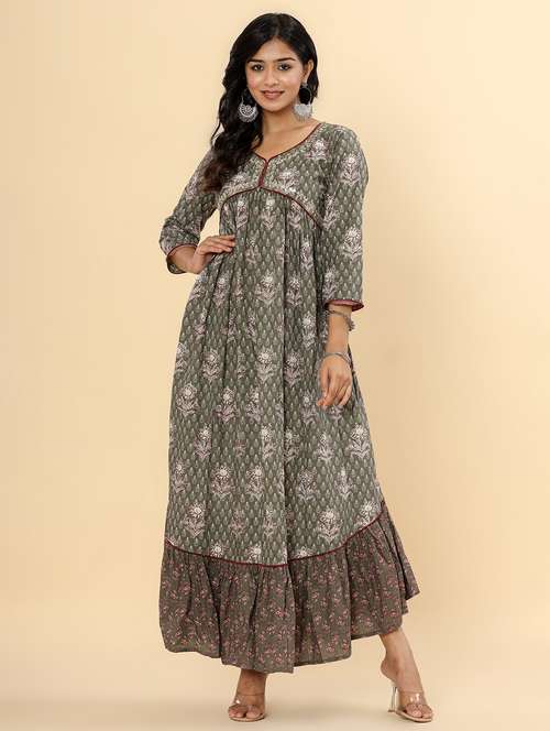 women printed three quarter sleeve tiered ethnic dress - 22078434 - Very Small Image - 1