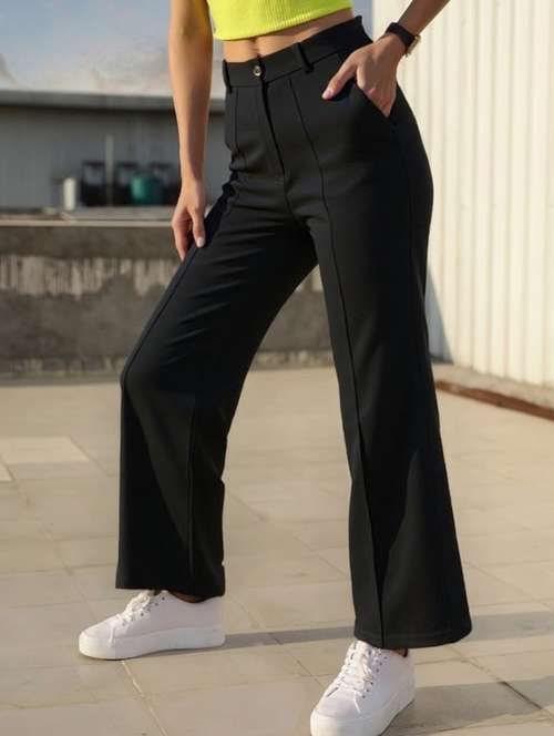 women solid high rise striaght trouser - 22081061 - Very Small Image - 1