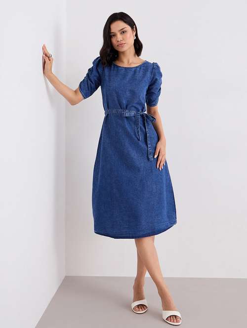 women solid puff sleeve denim a-line dress - 22083512 - Very Small Image - 1