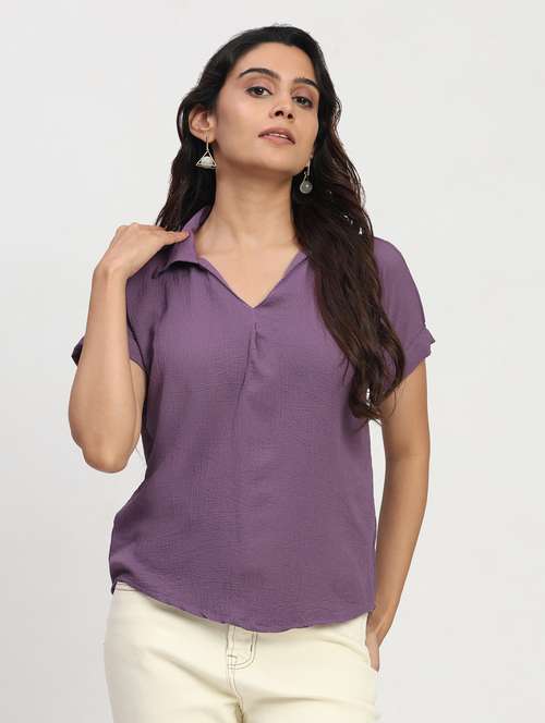 women solid short sleeve collared shirt top - 22083560 - Very Small Image - 1