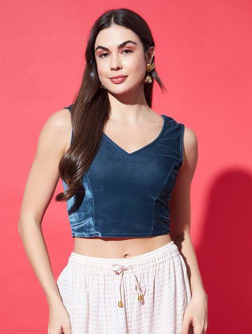 women solid sleeveless stitched velvet blouse - 22084028 - Very Small Image - 1