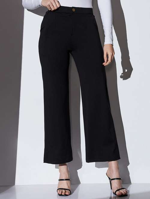 globus women black mid-rise solid wide leg formal trousers - 22085195 - Very Small Image - 1