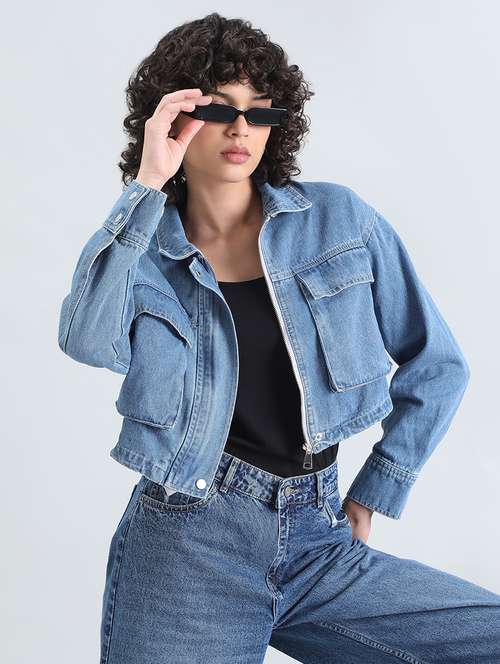 women solid long sleeve cropped denim jacket - 22086222 - Very Small Image - 1