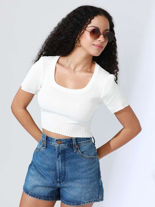 women white solid short sleeve crop top - 22086346 - Very Small Image - 1