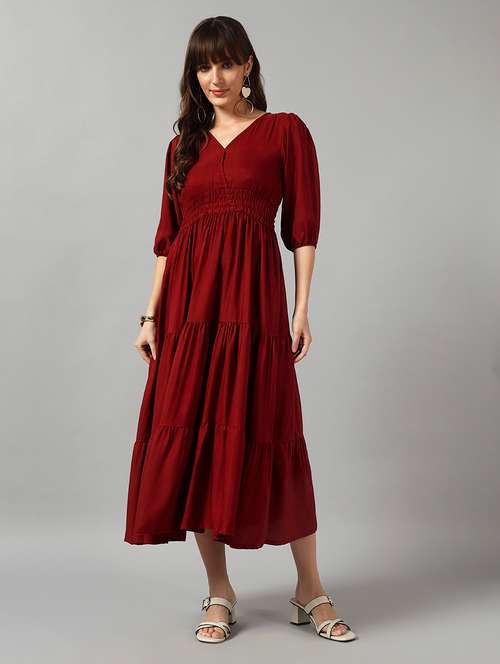 women solid puff sleeve tiered dress - 22089244 - Very Small Image - 1