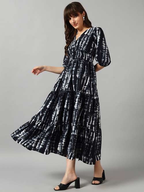 women tie & dye printed puff sleeve tiered dress - 22089247 - Very Small Image - 1