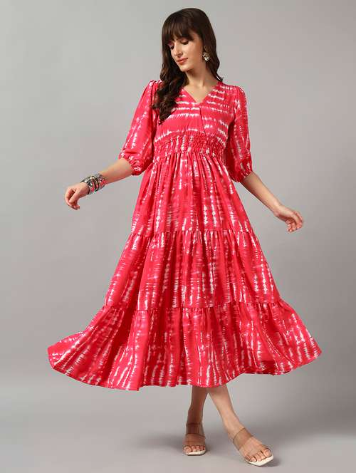 women tie & dye printed puff sleeve tiered dress - 22089249 - Very Small Image - 1