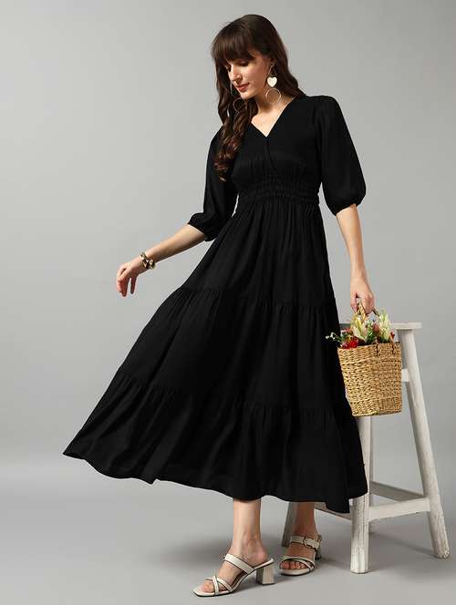 women solid puff sleeve tiered dress - 22089256 - Very Small Image - 1