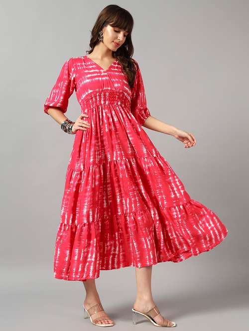 women tie & dye printed puff sleeve tiered dress - 22089266 - Very Small Image - 1