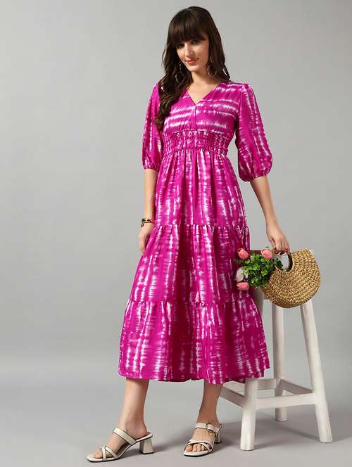 women tie & dye printed puff sleeve tiered dress - 22089267 - Very Small Image - 1