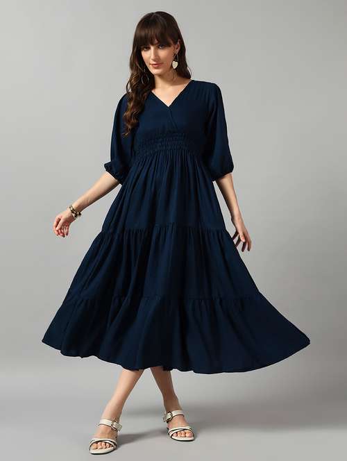 women solid puff sleeve tiered dress - 22089274 - Very Small Image - 1