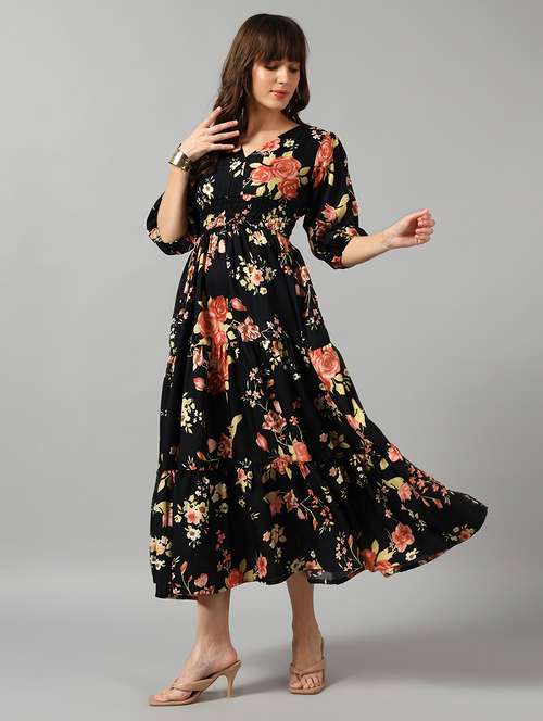 women floral print three quarter sleeve tiered dress - 22089276 - Very Small Image - 1