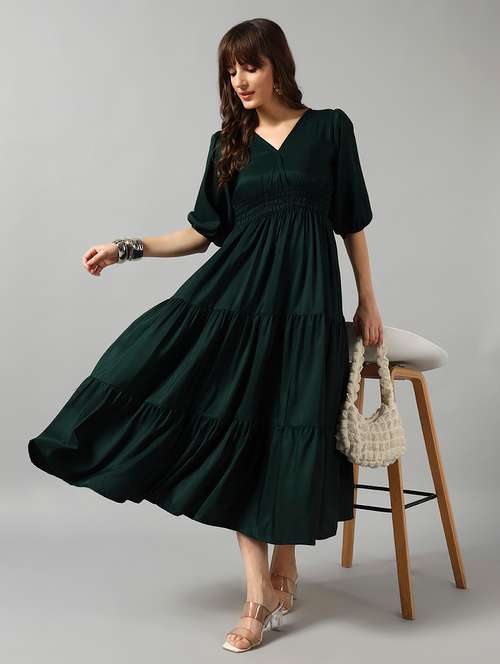 women solid puff sleeve tiered dress - 22089277 - Very Small Image - 1