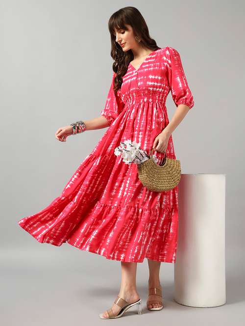women tie & dye printed puff sleeve tiered dress - 22089283 - Very Small Image - 1