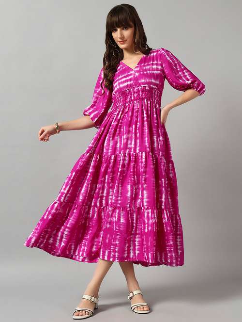 women tie & dye printed puff sleeve tiered dress - 22089284 - Very Small Image - 1