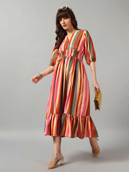 women striped puff sleeve tiered dress - 22090779 - Very Small Image - 1