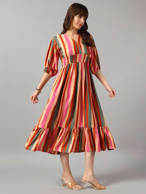 women striped puff sleeve tiered dress - 22090781 - Very Small Image - 1