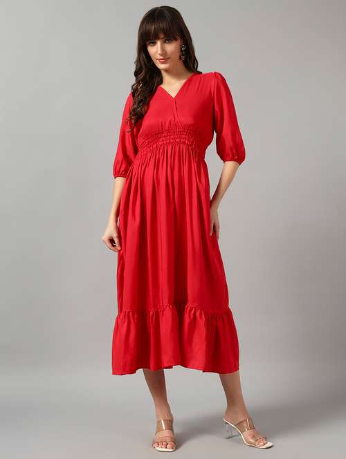women solid puff sleeve tiered dress - 22090807 - Very Small Image - 1