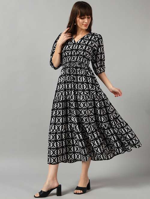 women printed puff sleeve tiered dress - 22091534 - Very Small Image - 1