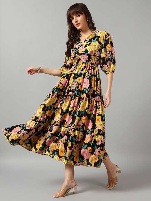women floral printed puff sleeve tiered dress - 22091541 - Very Small Image - 1