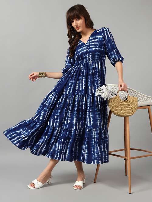 women tie & dye printed puff sleeve tiered dress - 22091552 - Very Small Image - 1