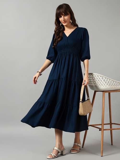 women solid puff sleeve tiered dress - 22091560 - Very Small Image - 1