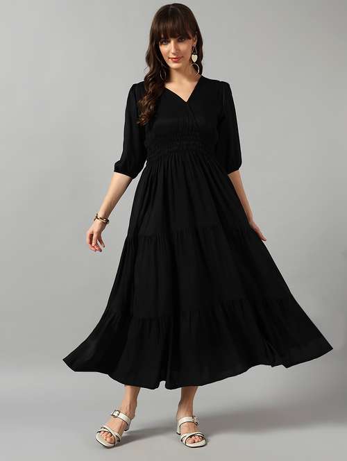 women solid puff sleeve tiered dress - 22091562 - Very Small Image - 1