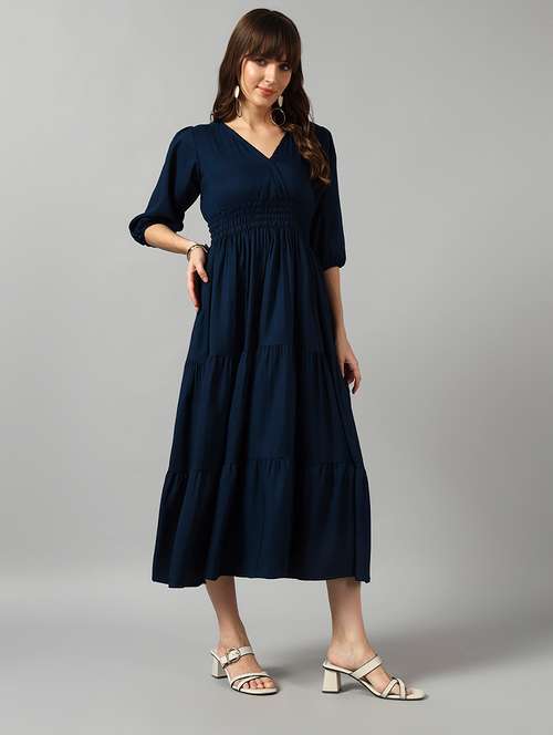women solid puff sleeve tiered dress - 22091566 - Very Small Image - 1