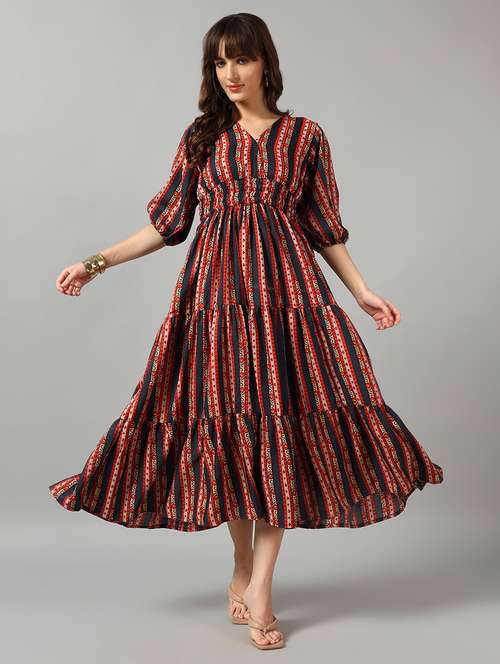 women printed puff sleeve tiered dress - 22091577 - Very Small Image - 1