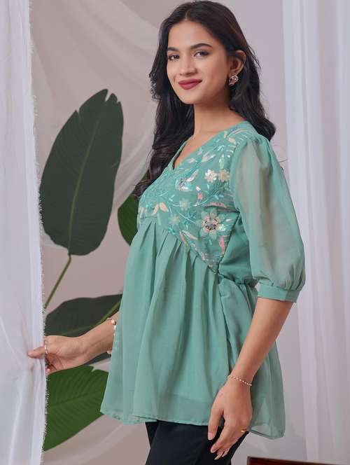 women embroidered v neck ethnic top - 22100797 - Very Small Image - 1