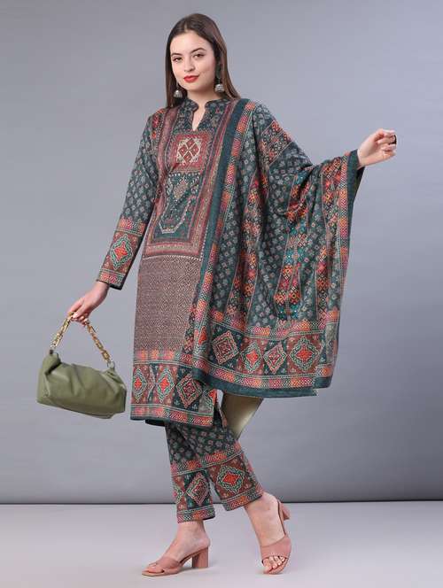 women printed long sleeve kurta pant with dupatta set - 22101040 - Very Small Image - 1