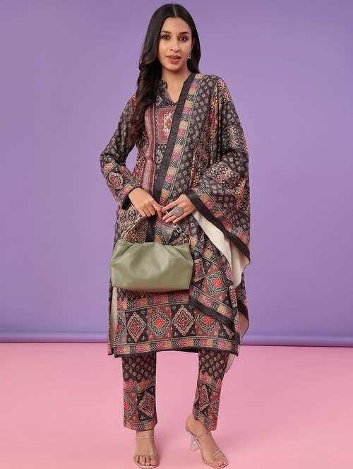 women printed long sleeve kurta pant with dupatta set - 22101042 - Very Small Image - 1