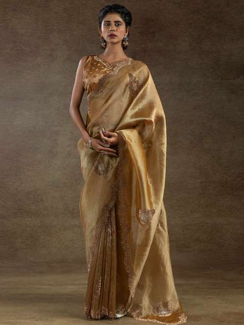 women solid with work embellished saree with blouse - 22140178 - Very Small Image - 1