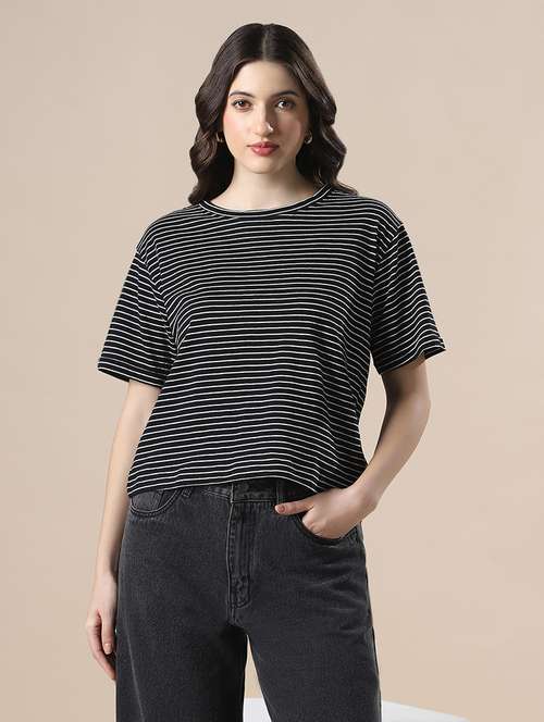 globus women white & black striped round neck short sleeves boxy fit t-shirt - 22141418 - Very Small Image - 1