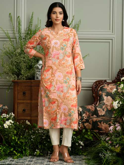 women floral three quarter sleeve straight kurta - 22141610 - Very Small Image - 1