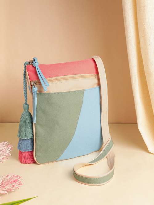 colorblock canvas sling bag with tassels - 22145801 - Very Small Image - 1