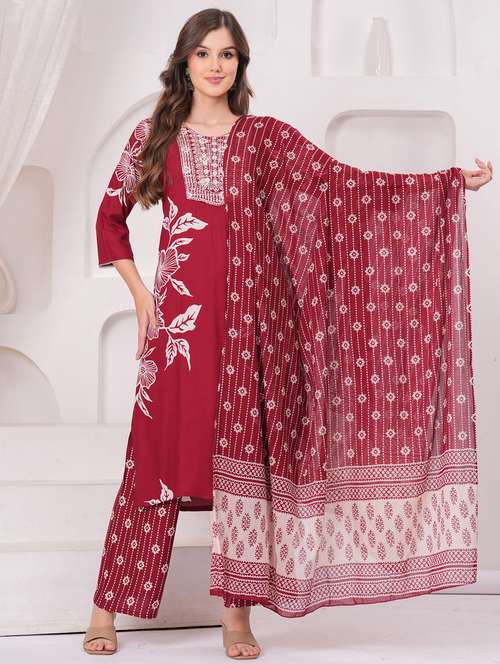 women floral printed three quarter sleeve kurta pant with dupatta set - 22146749 - Very Small Image - 1