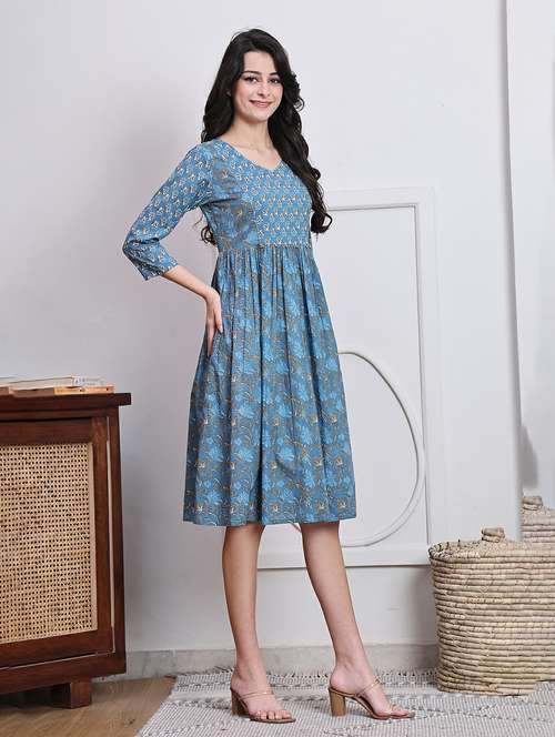 women printed three quarter sleeve a-line dress - 22146939 - Very Small Image - 1