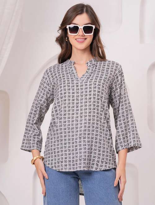 women printed three quarter sleeve ethnic top - 22147115 - Very Small Image - 1