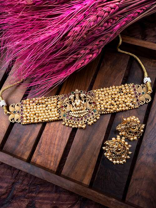 gold plated laxmi white hydra beads choker set - 22157528 - Very Small Image - 1
