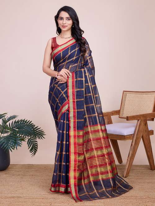 women checkered bordered saree with blouse - 22187801 - Very Small Image - 1