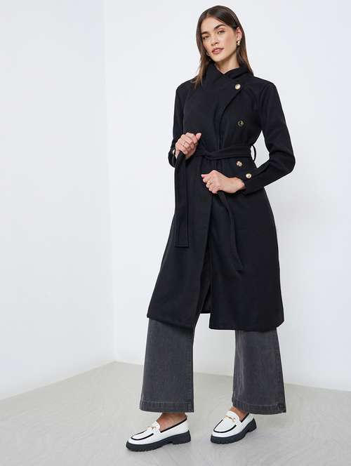 women black solid long sleeve trench coat - 22219975 - Very Small Image - 1