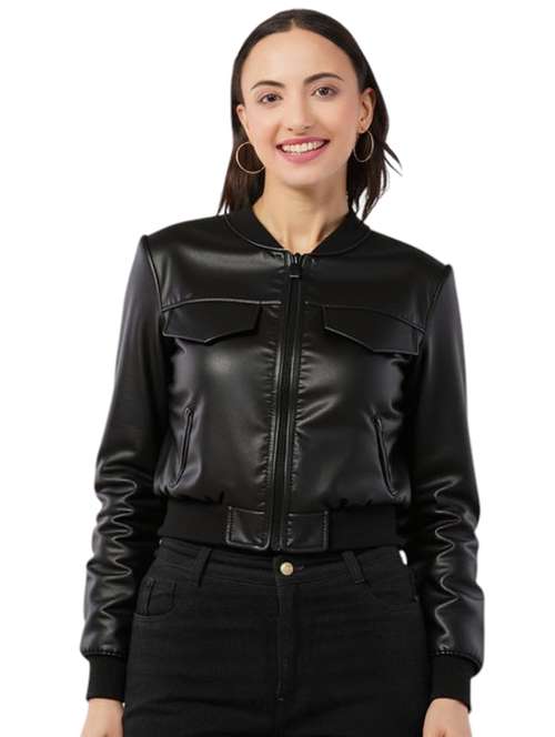 women black solid long sleeve leather jacket - 22224364 - Very Small Image - 1