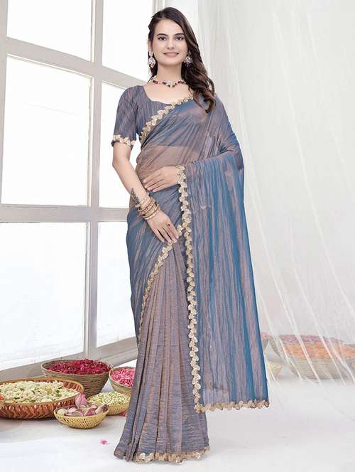 women solid with embellished bordered saree with blouse - 22228428 - Very Small Image - 1