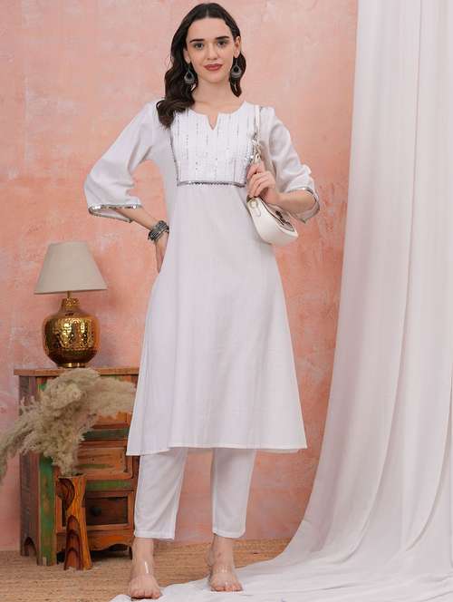 women solid with work three quarter sleeve a-line kurta - 22282370 - Very Small Image - 1