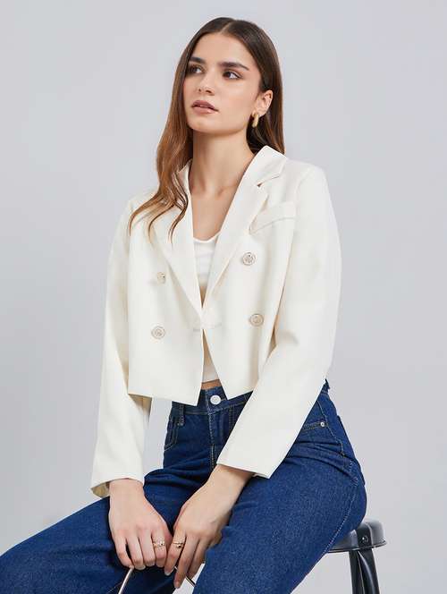 women solid lapel neck long sleeve crop blazer - 22287984 - Very Small Image - 1
