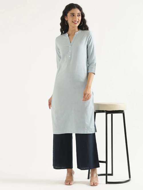 women solid three quarter sleeve straight kurta  - 22319728 - Very Small Image - 1